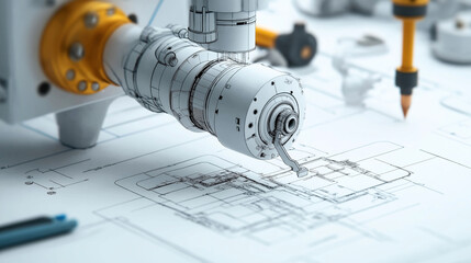 Close-up of a robotic arm or 3D printer creating a detailed technical drawing on a white blueprint sheet, emphasizing precision engineering in a mechanical or industrial context.
