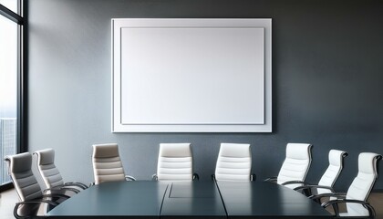 Modern conference room with white chairs and a blank frame on the wall.
