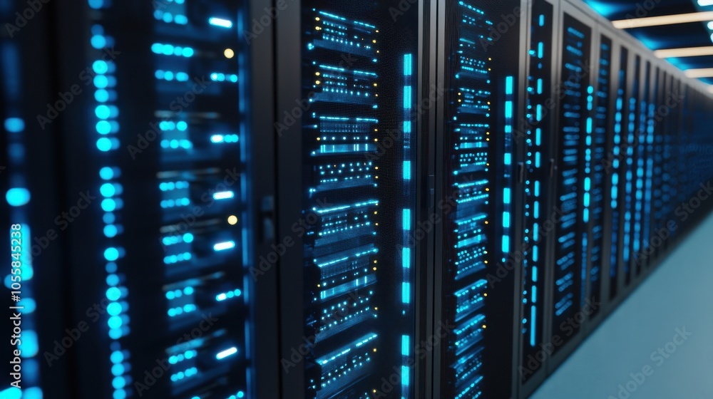 Poster overhead view of data center with bright servers