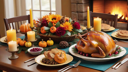 Fototapeta premium Thanksgiving party scene featuring a large dining table set with a beautifully roasted turkey as the centerpiece
