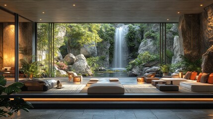 Fototapeta premium Serene indoor space with a view of a tranquil waterfall.