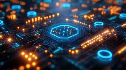 Abstract digital circuit board with glowing blue and orange lights, representing the concept of artificial intelligence or technology.