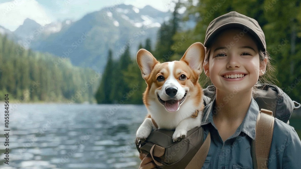 Wall mural a young woman with a joyful smile carries her corgi dog in a hiking backpack while enjoying a warm a