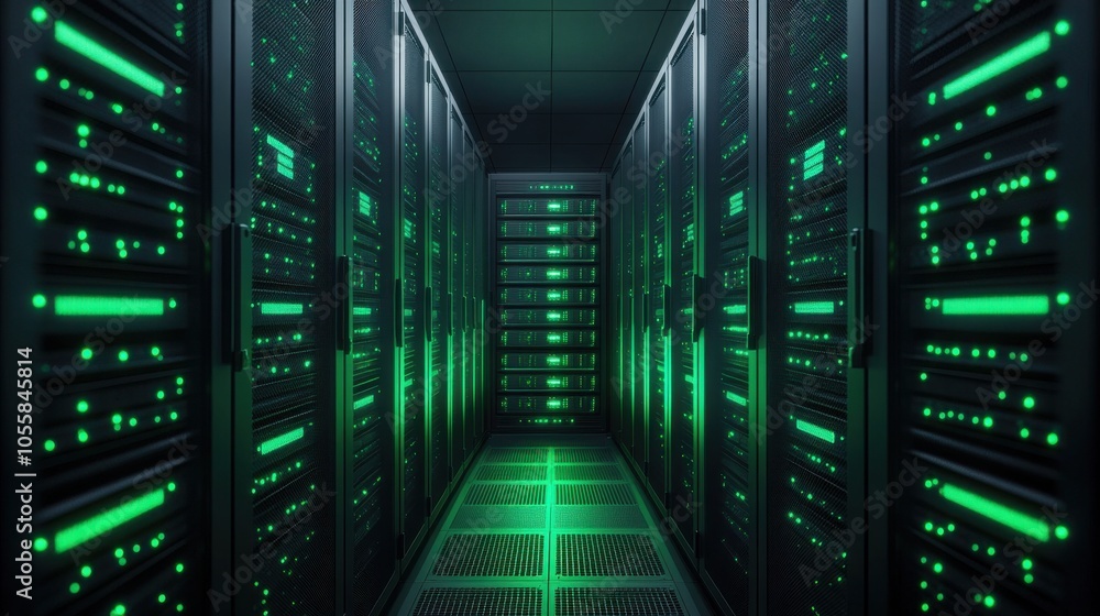 Poster low angle shot of tall server in data center