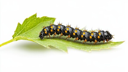 Fototapeta premium Black and Yellow Caterpillar with Spikes Crawling on a Green Leaf