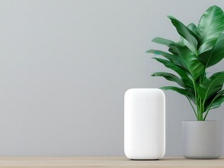 Sleek smart speaker on modern desk, soft lighting, advanced voice assistant technology in daily life