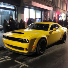 A yellow sports car is parked on a city street at night.