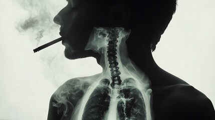 A person smoking a cigarette, with an x-ray of blackened lungs overlaying their chest area