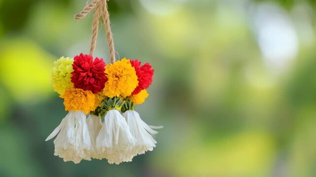 Traditional Indian floral garland toran made of marigold or zendu flower decorated temple or home. Happy Diwali festival, Pongal or Gudi Padwa. Decoration for Indian hindu holiday, wedding