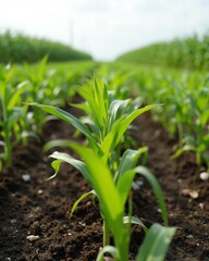 Obraz premium A close-up of a vibrant young corn plant thriving in rich, dark soil, symbolizing growth and agriculture under natural sunlight.
