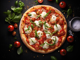 Rustic Black Table with Homemade Neapolitan Pizza Margherita for Italian Food Lovers