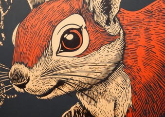 Close-up of a red squirrel's face with a detailed woodblock print style.