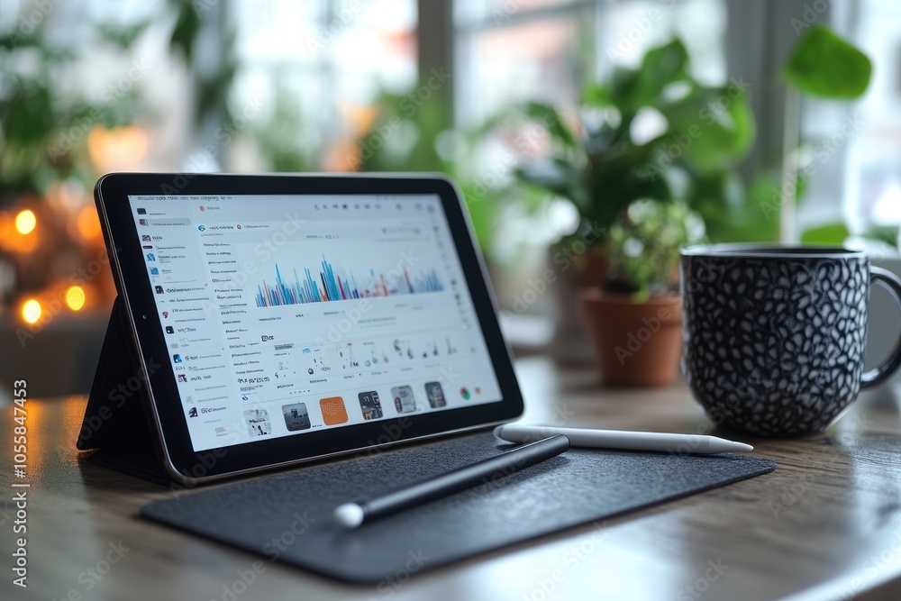 Poster a tablet displaying data analysis on a desk with a mug of tea and a pen.