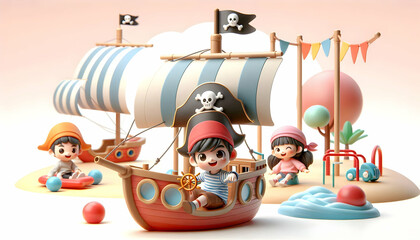 Naklejka premium 3D Children Pirates Pretend Ship Playground Scene Toy Sails Flags Soft Abstract Background Copy Space