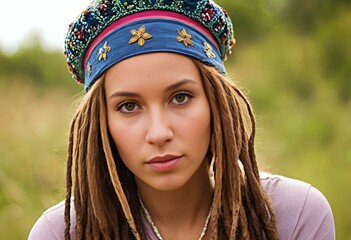 beautiful model girl in a beautiful stylish hat against a natural background