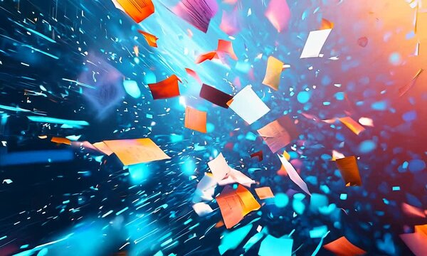 A dynamic abstract representation of digital data flow with colorful fragments in motion.