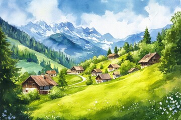 Obraz premium Watercolor Alpine Landscape. Scenic Mountain View with Village and Meadow