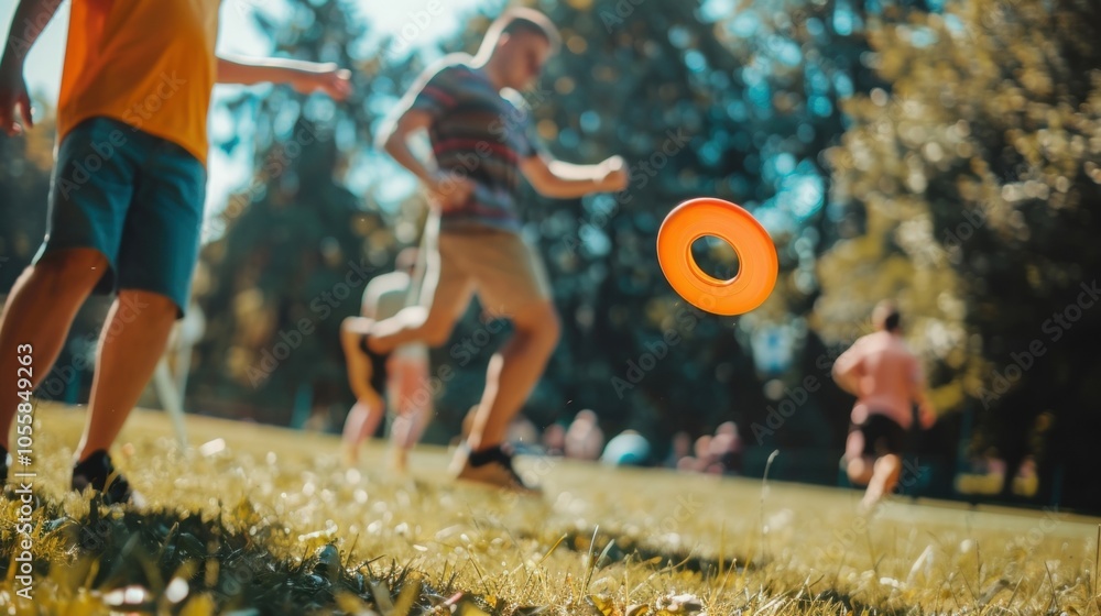 Poster defocused players passing a frisbee back and forth in a casual outdoor game.