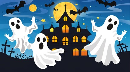 Spooky Haunted Mansion against Moonlit Night Sky with Bats and Ghostly Apparitions - Eerie Atmosphere for Halloween Event Background