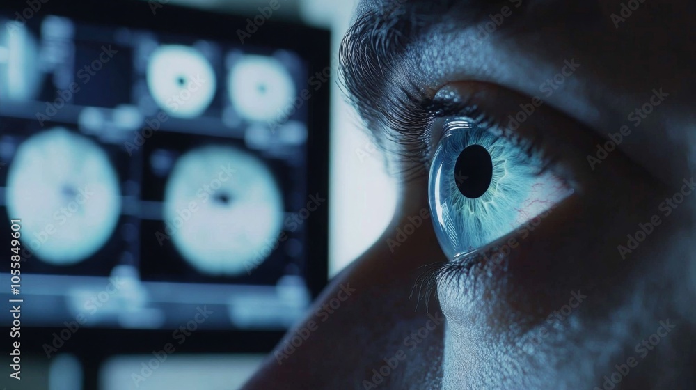Poster a person's eye with blue iris and eyelashes looking intently at a computer monitor displaying circul