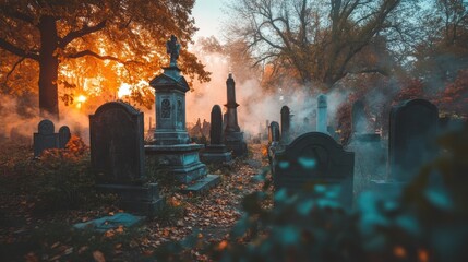 Eerie halloween graveyard featuring spooky statues and broken headstones under a haunting sunset glow