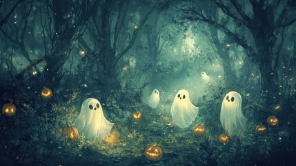 Charming halloween scene friendly ghosts and spooky pumpkins in an enchanted forest