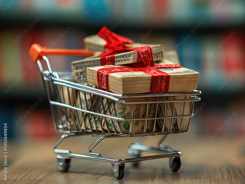 Aufkleber a visual of a shopping cart overflowing with stacks of money resting on top of a wooden table