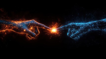 Two hands reaching towards each other, creating a spark of energy.