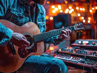 Obraz premium A man is playing a guitar and Recording Studio Session