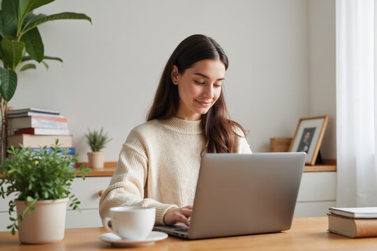 Young woman working on laptop at home in cozy minimalist interior with plants and books.