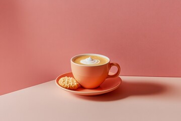 Pink Cup of Coffee with Cookie on Pastel Background