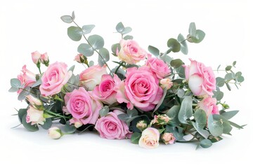 Pink roses and eustoma in a white floral arrangement