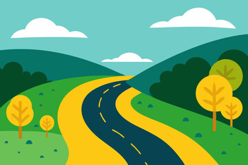 Obraz premium Landscape with winding road, hills, and blue sky vector illustration 
