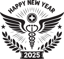 Happy New Year 2025 Medical Logo with Wings silhouette vector design.