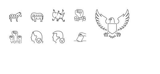 Election in US, line icon set - donkey, Democrats, elephant, Republicans, electoral map, hands, statement of vote, female candidate, male candidate, ballot paper, ballot box. Elections, voting.