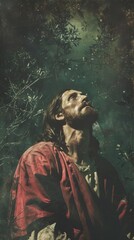 Jesus Christ depicted in red robes, eyes closed in reflection amidst foliage. Vintage vibe with spiritual undertones.