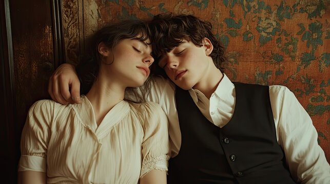 A young couple asleep with their arms around each other, resting on a floral patterned couch.
