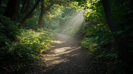 Obraz premium Sunbeams Illuminating a Path Through a Lush Forest