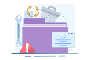 Data Recovery Concept, HDD repair icon. Recovery process. data storage backup, hardware disk repair service. system recovery process. data recovery information on database. Flat vector illustration.