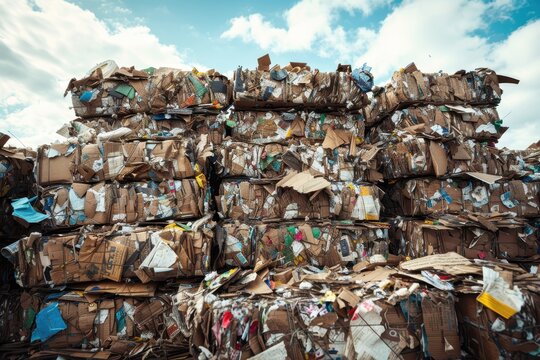 Recycled paper pile at landfill promoting reuse concept