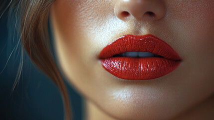 Close-up of red, glossy lips exuding sensuality, perfect for capturing a romantic, passionate Valentine's Day vibe.