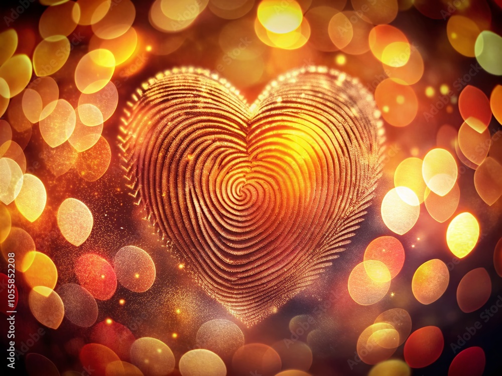 Poster heart-shaped fingerprint with bokeh background for love and identity themes