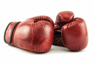 Red leather boxing gloves on white background