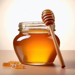 a jar of honey with a wooden spoon
