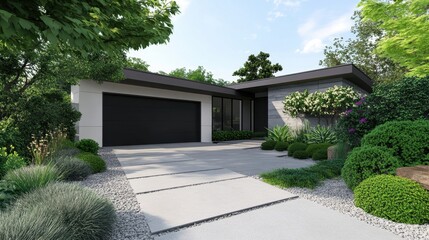 Obraz premium Contemporary house exterior in gray and white, with a bold dark garage door and neatly trimmed plants creating a chic, minimalist style.