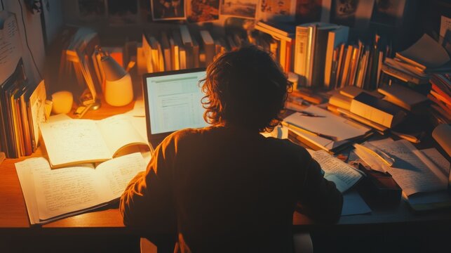 A dedicated student immerses in their study zone, with books and notes spread around them, creating a calm and focused atmosphere.