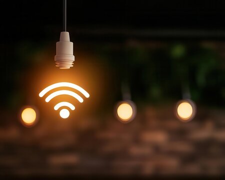 LiFi lamp in techy coffee shop, data transfer in progress, smart connectivity concept