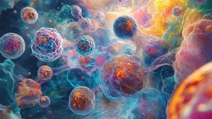 Microbial cells interacting with each other in a vibrant abstract digital illustration
