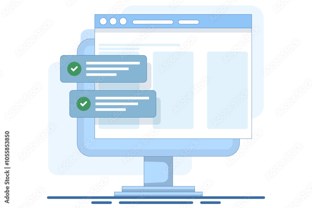 Poster website success notification concept with check mark, web updated task list with check mark on lapto
