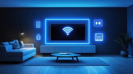 Fototapeta premium Living room with LiFiintegrated lights, smart home automation, modern tech lifestyle